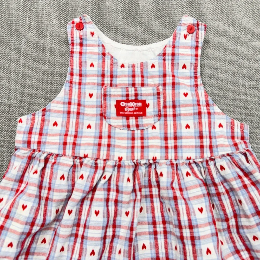 Vintage 90s OshKosh B'Gosh 4T Plaid Heart Pinafore Dress USA Made